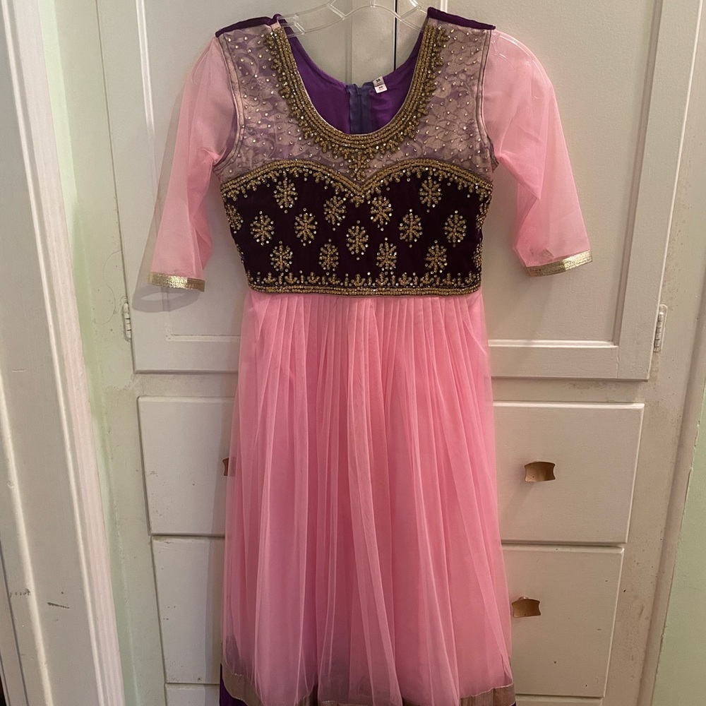 Pink And Purple Salwar Kameez w/ pink pants and pink net scarf